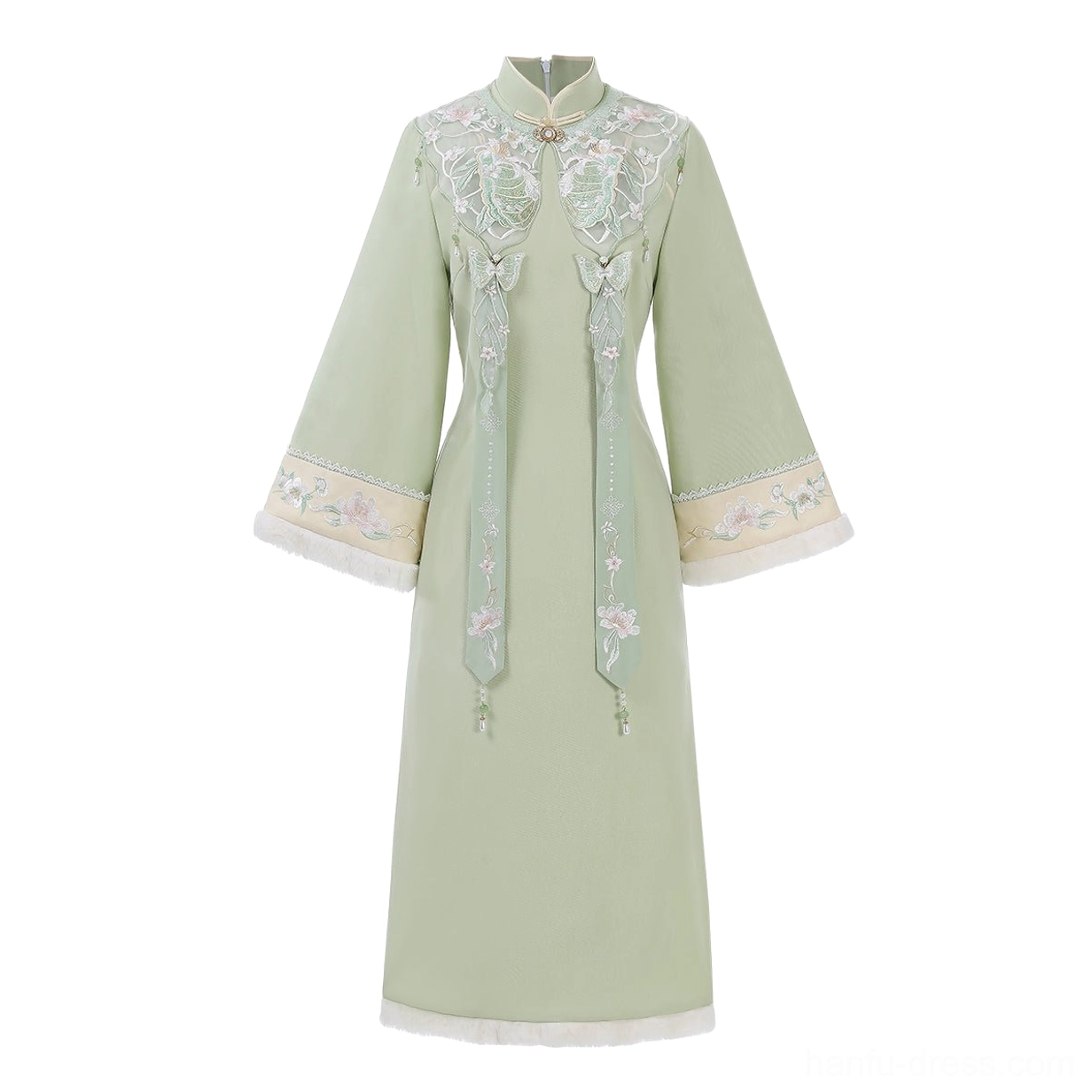 Flat lay front view of Frost Butterfly modern Hanfu cheongsam dress with Mandarin collar, embroidery, tassels, flared cuffs, and plush hem