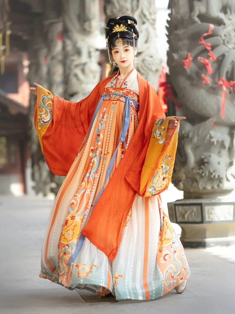 Full-body Tang Dynasty Hanfu ensemble with terracotta orange wide-sleeve robe, colorful cloud embroidery, gradient blue and orange skirt, and ancient mural-inspired patterns