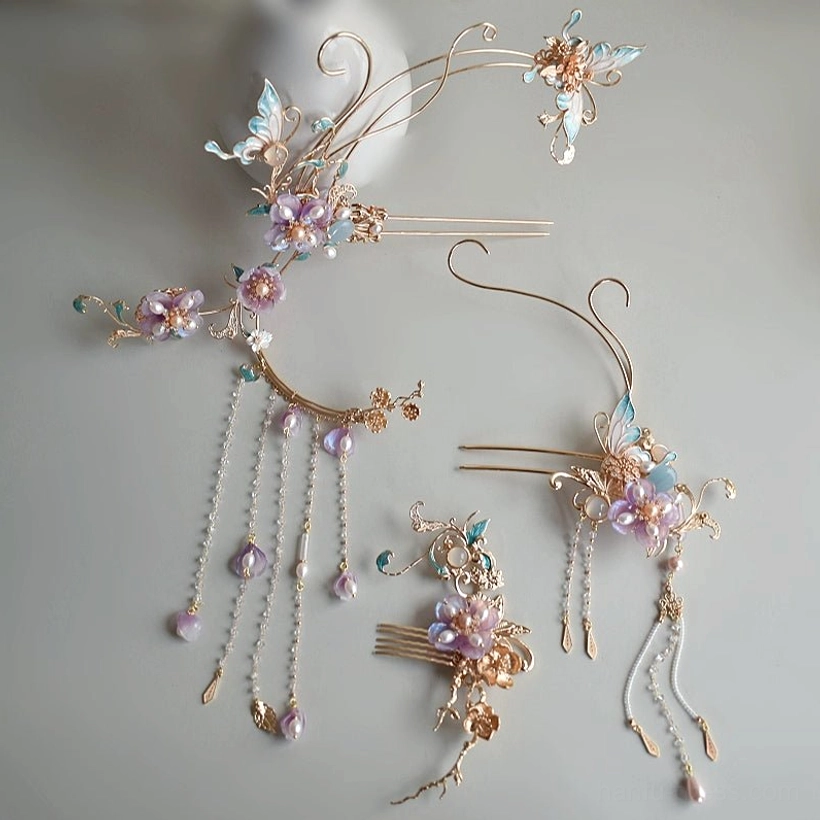 Full Falling Purple Smoke Hanfu hair accessories set displayed on a light background, including floral hairpins, a hair comb, gold ornaments, purple-pink flowers, and beaded tassels