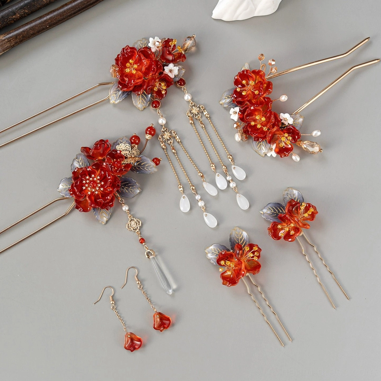 Full festive red blossom Hanfu hair accessory collection with flower hairpins tassel ornaments pearl details and matching earrings