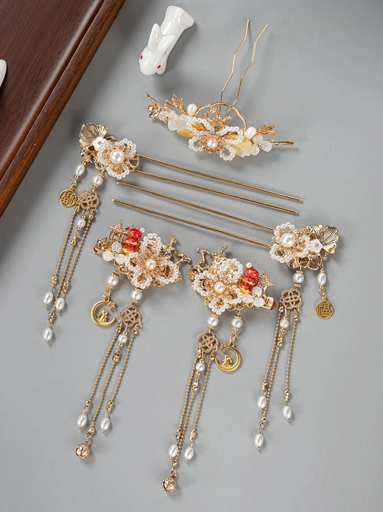 Full traditional Chinese Hanfu hair accessory set with coordinated gold-toned ornaments faux pearls red enamel-style flowers and matching festive tassel pendants