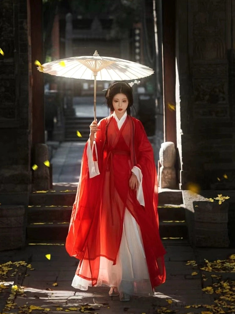 Full-length front view of a woman in a red Wei Jin Dynasty Hanfu robe with white cuffs and underlayer holding a traditional paper umbrella beneath an ancient Chinese stone archway