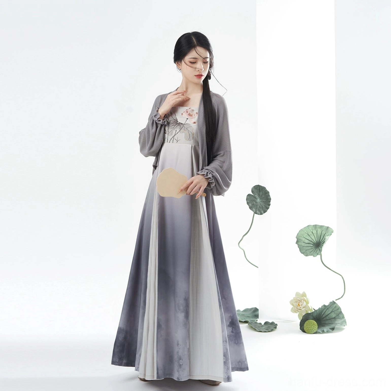 Full Lotus ink Tang Dynasty Hanfu set with ombre maxi slip dress and grey cropped cardigan front view