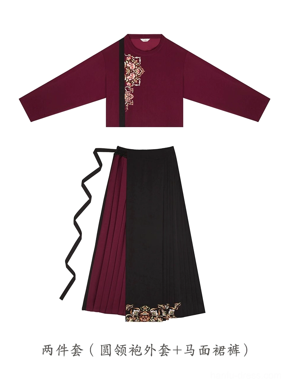 Flat lay display of the full modern Ming Dynasty hanfu set including dark red embroidered jacket and black red pleated mamianqun-inspired culottes