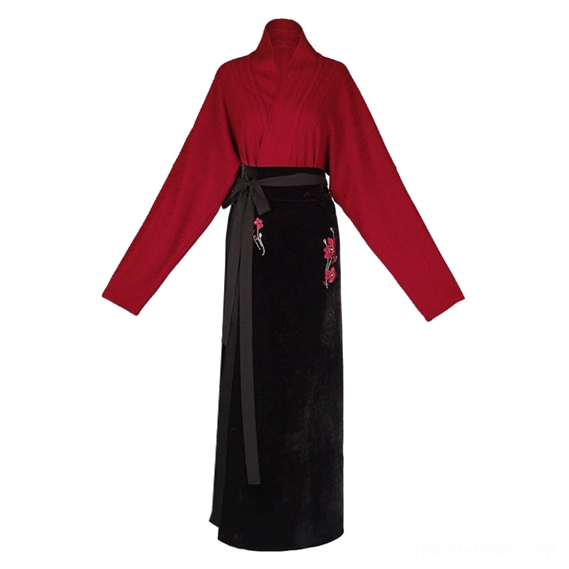 Flat lay full modern Song Dynasty Hanfu set with matching red wing sleeve top and black floral embroidered wrap skirt