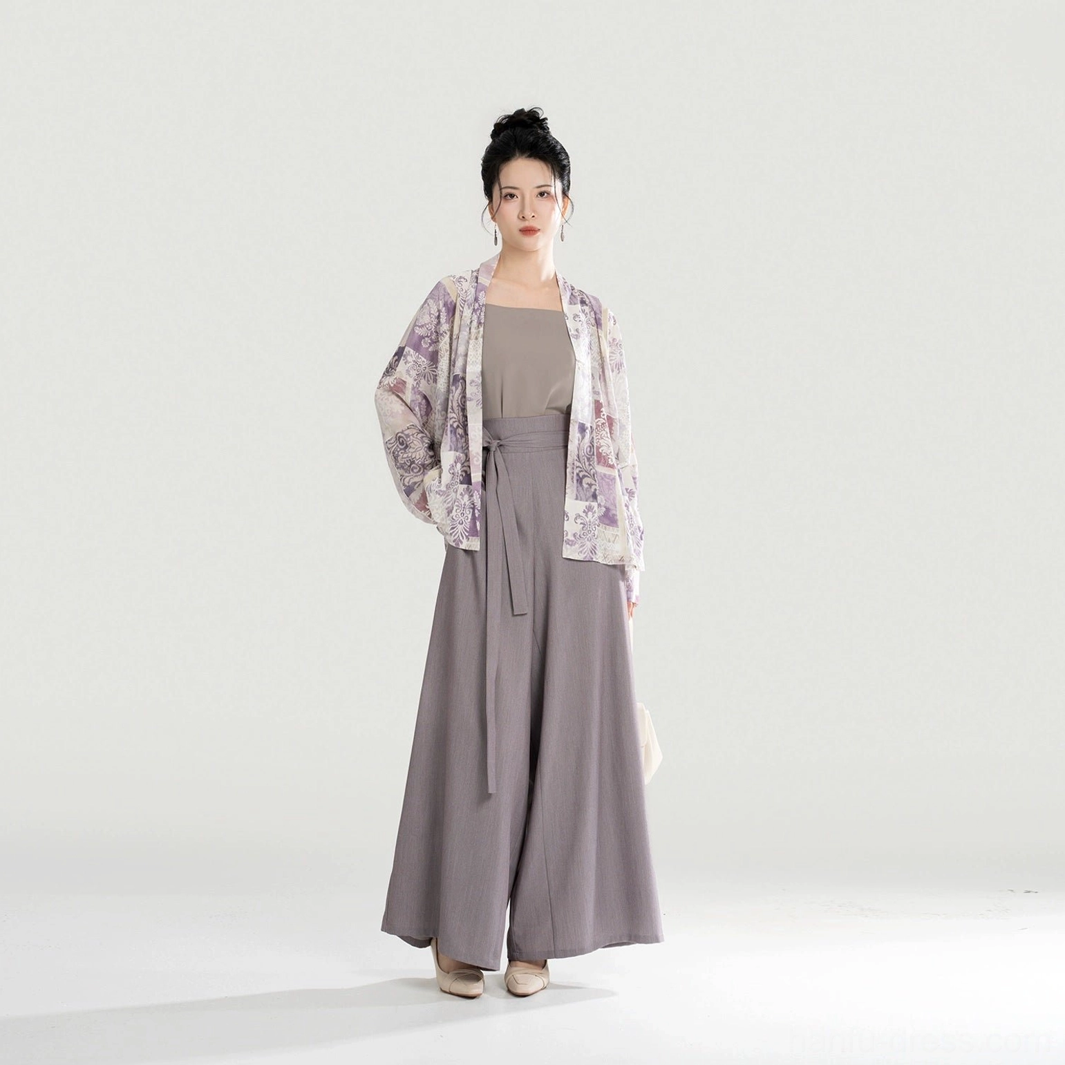Full modern Song Dynasty Hanfu set shown from the front with purple printed winged-sleeve top taupe layers and wide-leg pants