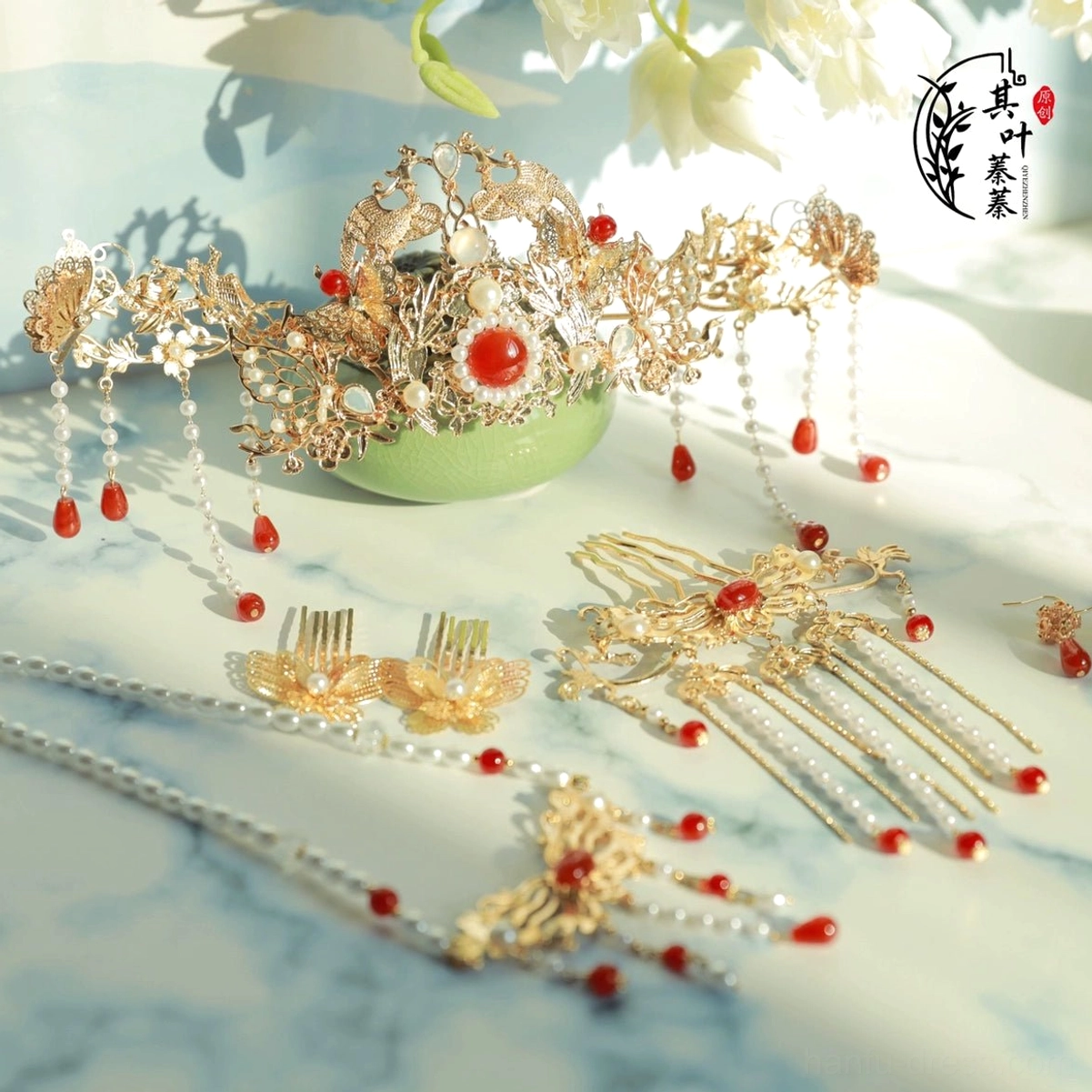 Full red and gold Chinese Hanfu hair accessories set including crown hair combs hairpins tassel chains earrings and matching traditional ornaments