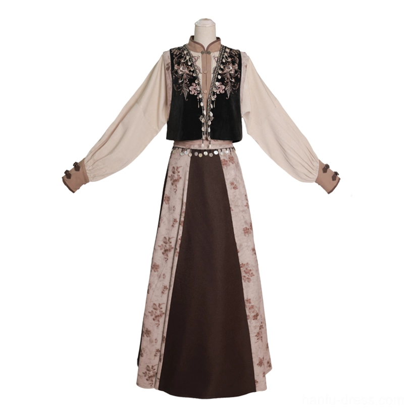 Full coordinated Tang Dynasty Hanfu set displayed on a dress form with embroidered vest beige blouse high-waisted wrap skirt and vintage ethnic color palette