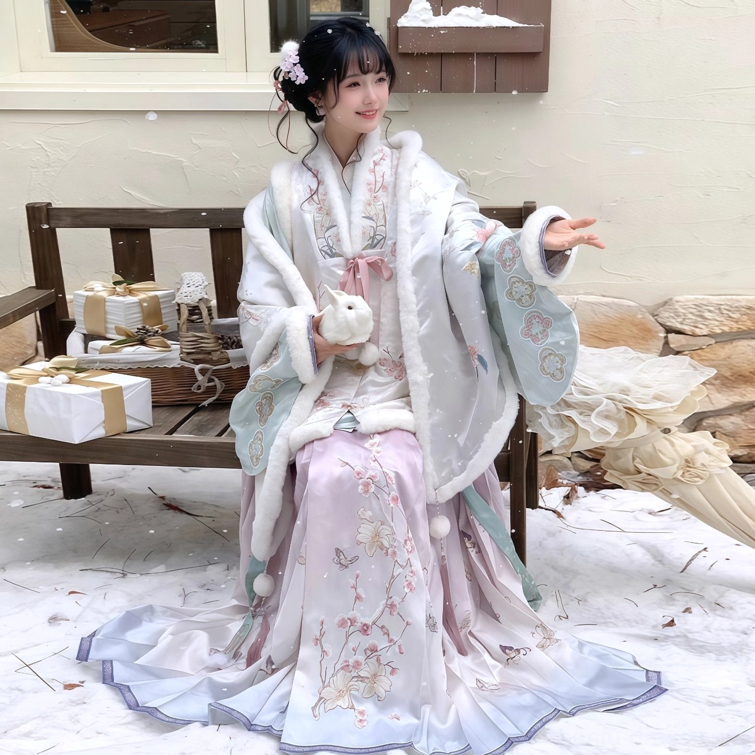 Full winter Ming Dynasty Hanfu set with bijia vest pipa sleeve top and floor length mamian skirt seated outdoors