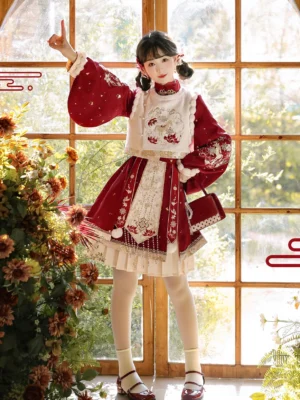 Front full-body view of Gallop in Spring Ming style Hanfu Chinese New Year dress with wine red embroidery, ivory skirt, tassels and fur-look trim