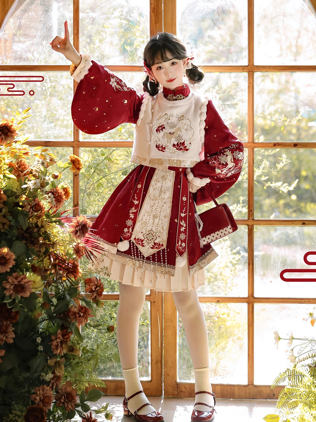 Front full-body view of Gallop in Spring Ming style Hanfu Chinese New Year dress with wine red embroidery, ivory skirt, tassels and fur-look trim