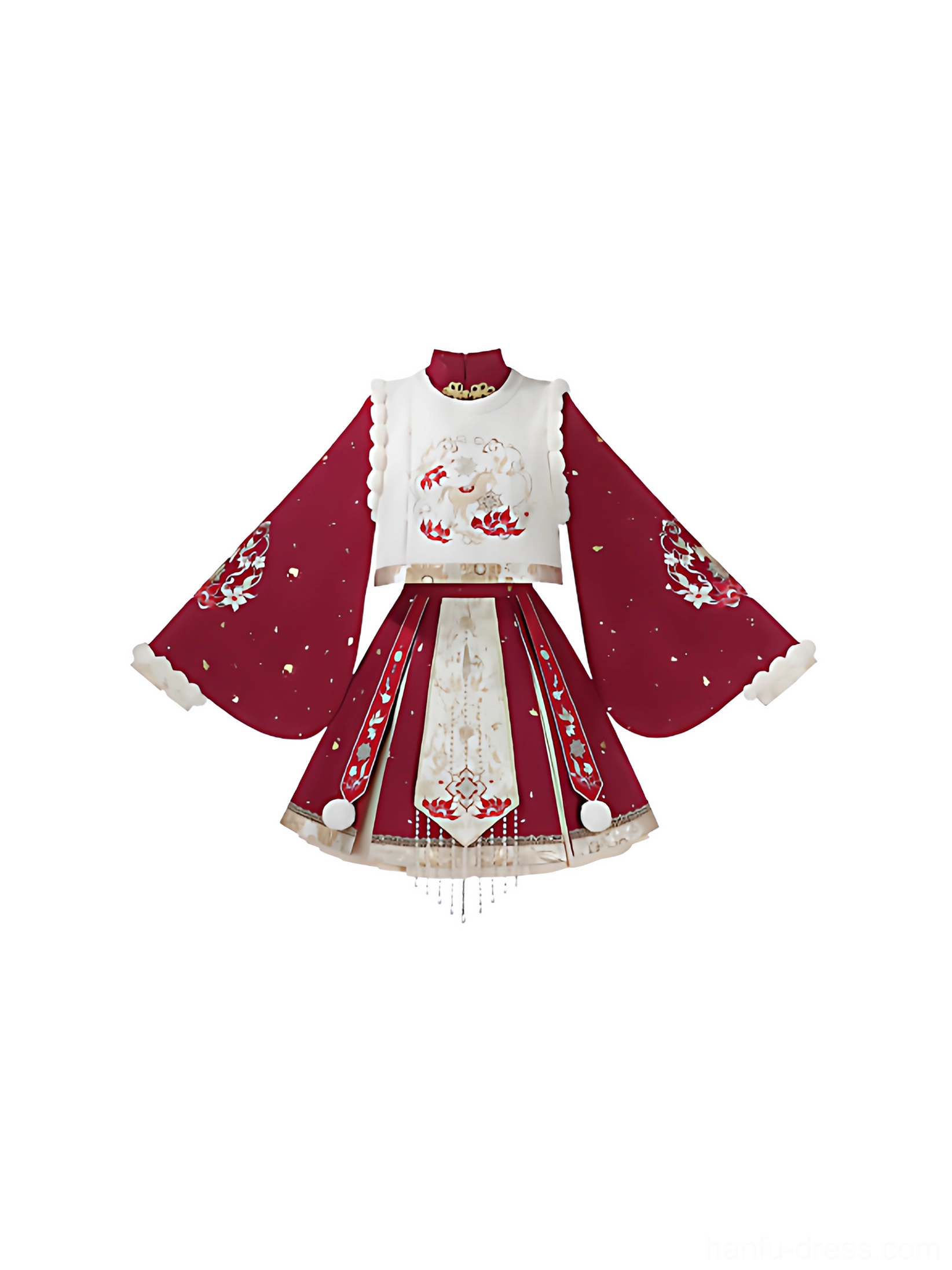 Flat lay of Gallop in Spring Ming style Hanfu Chinese New Year outfit including embroidered wine red dress vest and ivory tassel skirt