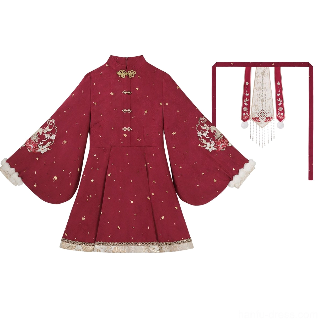 Flat lay detail of wine red Hanfu dress with Chinese frog buttons, embroidered sleeves, shimmering accents and tassel waist ornament