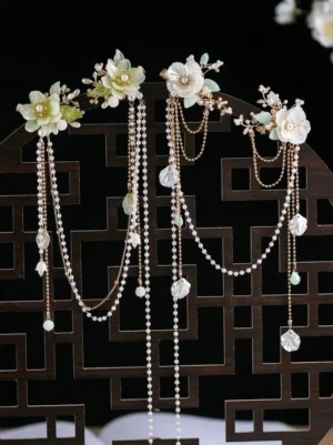 Cream gardenia flower Hanfu back hair pin with gold tone frames pearl tassel chains and pale blue pendant details