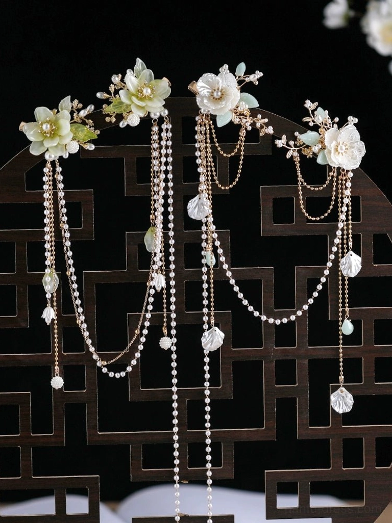 Cream gardenia flower Hanfu back hair pin with gold tone frames pearl tassel chains and pale blue pendant details