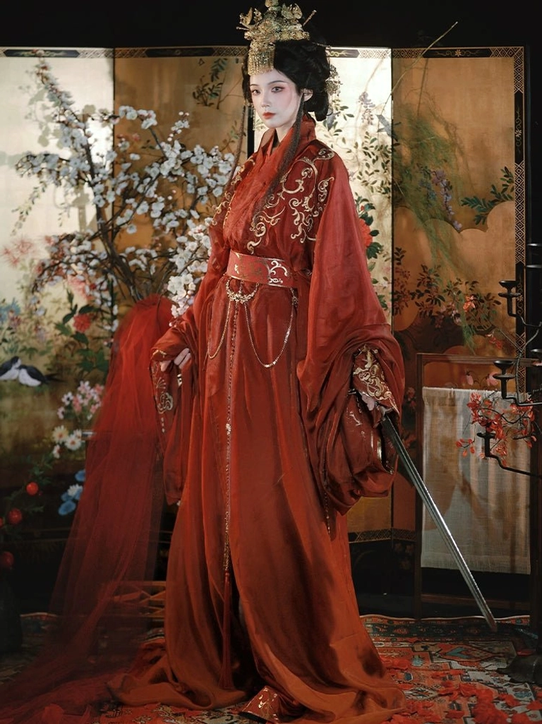 Full-body side view of a woman wearing a reddish-brown Warring States and Han Dynasty inspired wedding Hanfu with gold cloud embroidery, wide sleeves, decorative waist chains, and a floor-length train