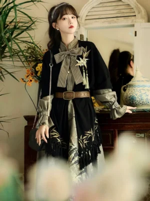 Gilt Bamboo Shadow Chinese inspired modern Hanfu dress set with olive bamboo print black shawl and vintage styling