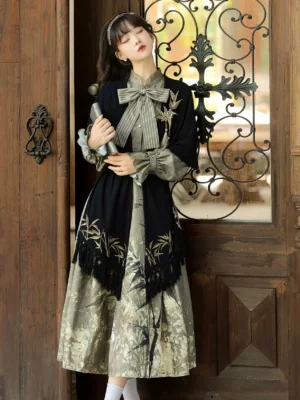 Gilt Bamboo Shadow modern Hanfu printed long sleeve dress and black tassel shawl set front three quarter full body view