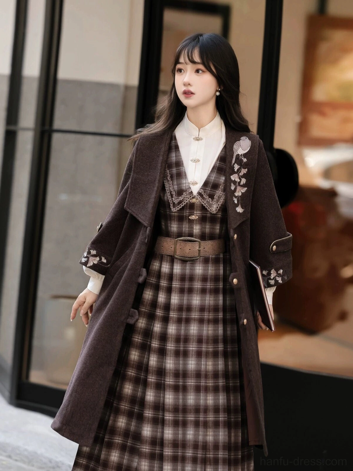 Ginkgo Notes brown embroidered modern Hanfu coat with plaid pleated dress and waist belt walking view