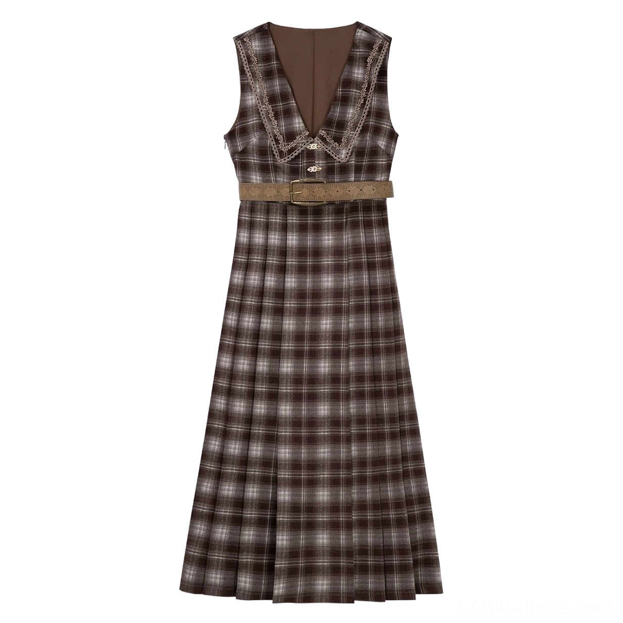 Brown and ivory plaid V-neck pinafore dress with lace trim pleated skirt and matching waist belt modern Hanfu style