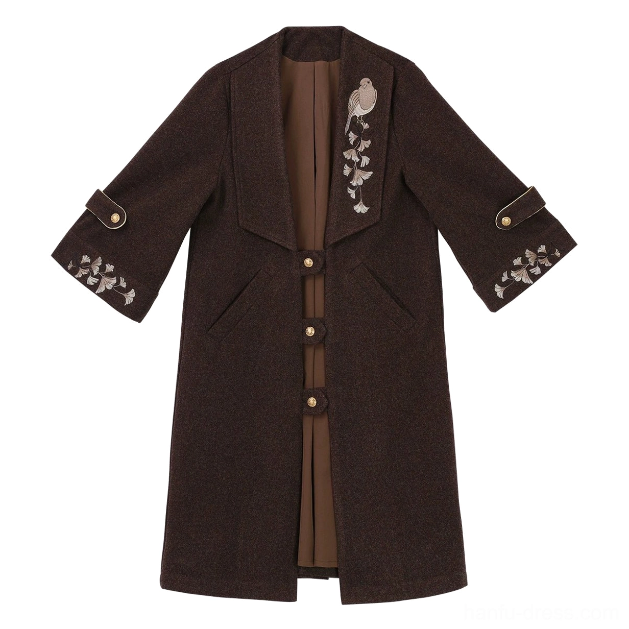 Dark brown embroidered long coat from Ginkgo Notes modern Hanfu collection with lapel, pockets and cuff buckles