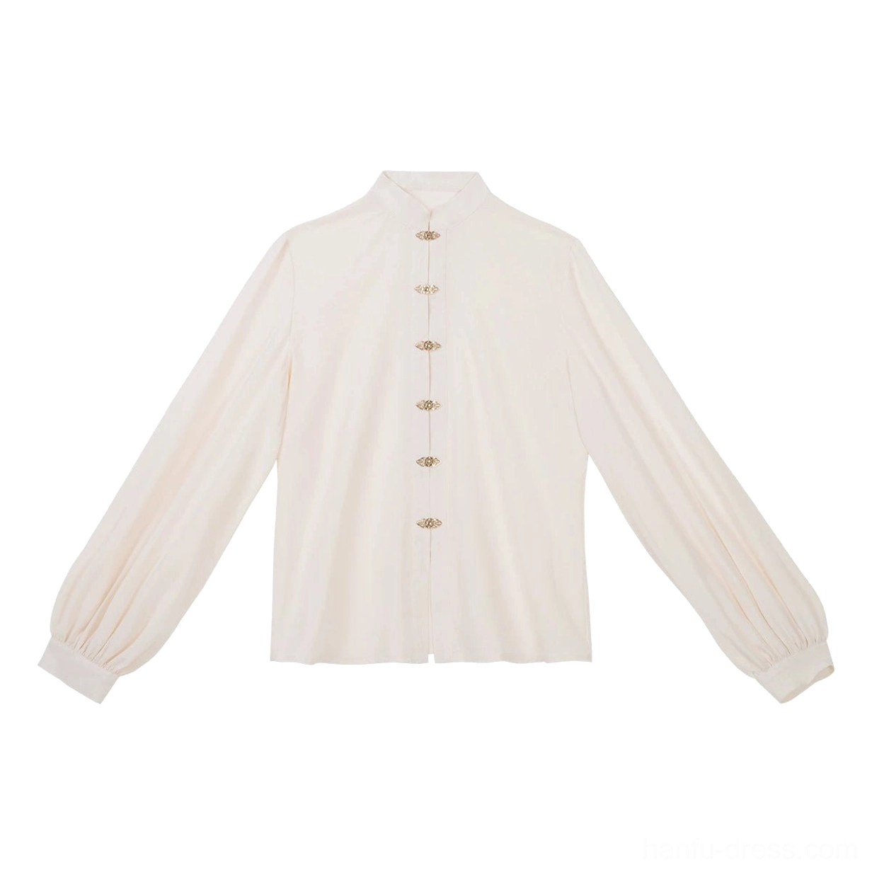 Ivory Chinese stand collar blouse with lantern sleeves and gold buttons from Ginkgo Notes modern Hanfu collection