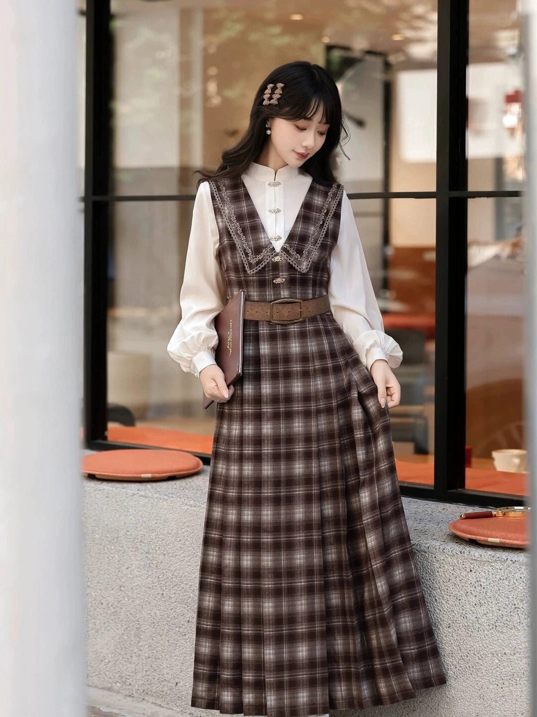Brown plaid pinafore dress and ivory stand collar blouse from the Ginkgo Notes modern Hanfu collection