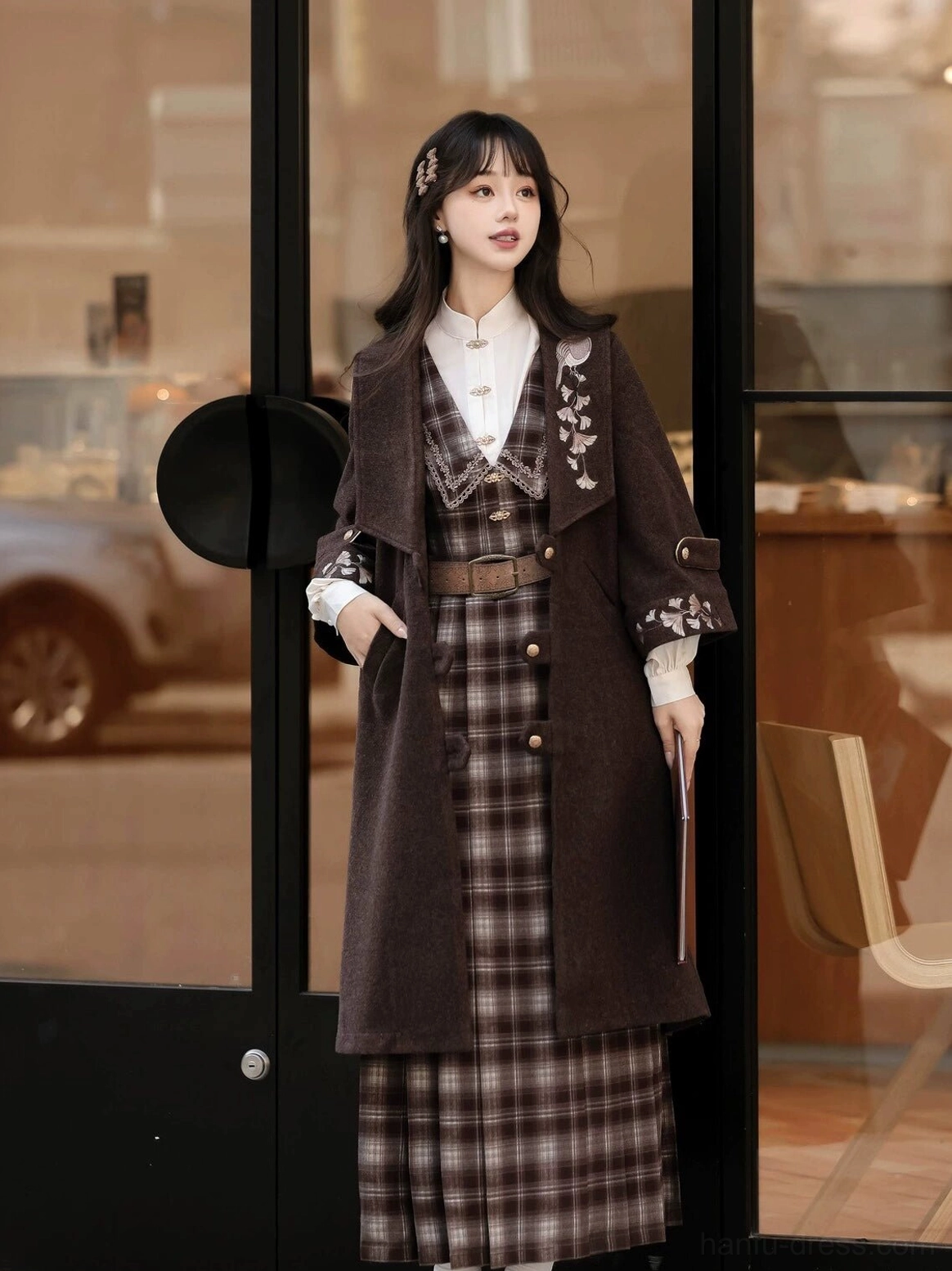 Ginkgo Notes vintage modern Hanfu outfit with dark brown embroidered coat, plaid pinafore dress and ivory stand collar blouse