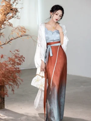 Glaze red Song Dynasty Hanfu outfit with ivory long cardigan, blue camisole, and gradient wrap skirt shown in three-quarter full-body studio view