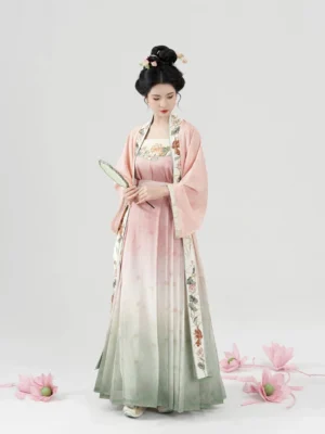 Glaze Red Song Dynasty Hanfu full set front view with dusty pink embroidered beizi and pink to sage green ombre wrap skirt