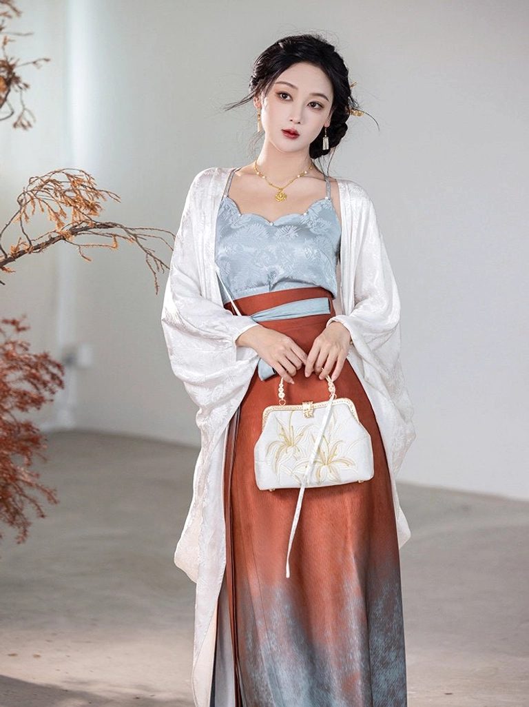 Glaze red Song Dynasty inspired Hanfu set with floral jacquard cardigan and pleated blue to red gradient wrap skirt