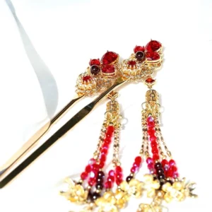 Glazed ruby red tassel hairpin with gold filigree floral ornament and long red beaded tassels for Hanfu hairstyles