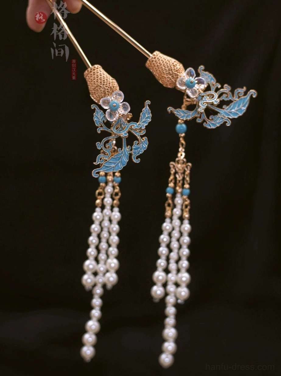 Full view of two gold tone blue cloisonne pearl tassel hair pins for Hanfu updos and Chinese bridal styling