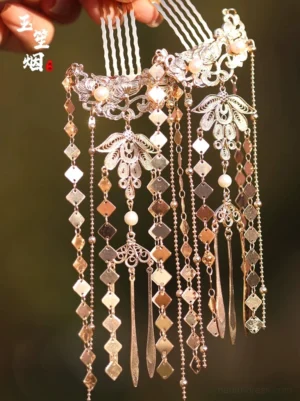 Gold Chinese Hanfu hair pin set with maple leaf charms, bead accents, filigree details and cascading tassel chains