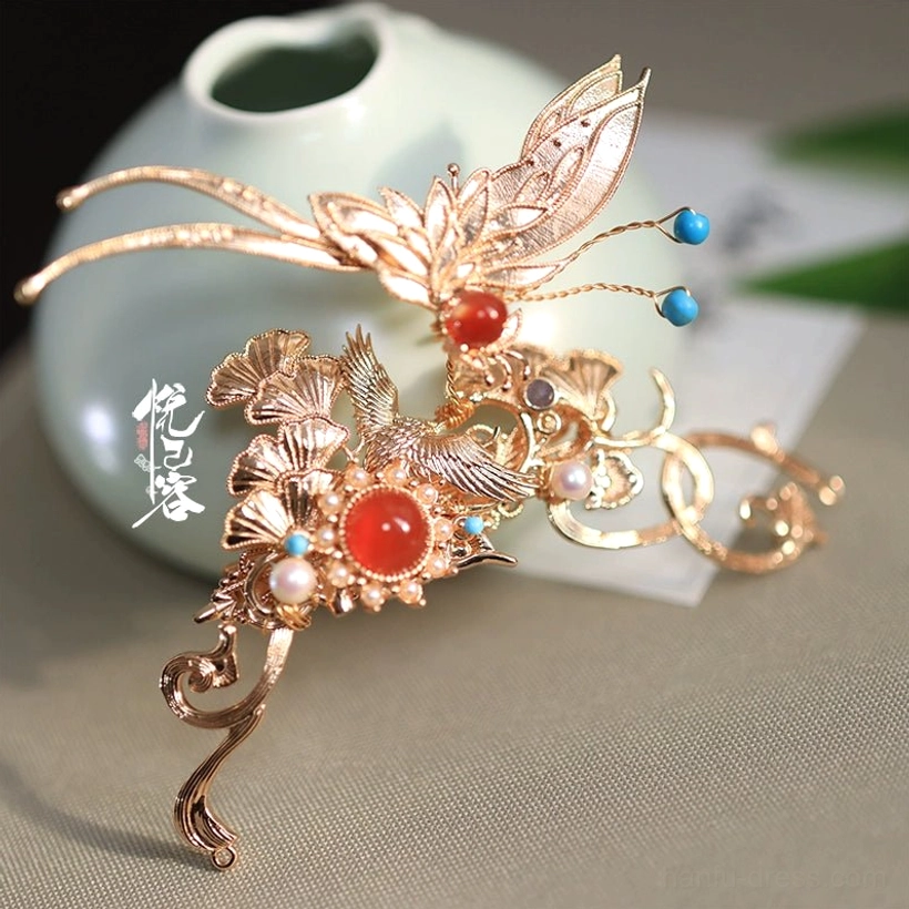 Gold crescent butterfly hair pin with ginkgo leaf details, red agate, blue glazed beads, and small pearl decorations