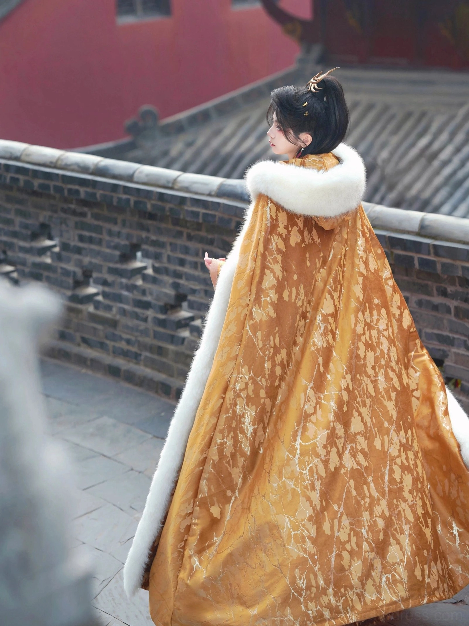 Rear three-quarter view showing the flowing silhouette and full gold embossed pattern of a white fur-trimmed Hanfu cloak on a traditional city wall
