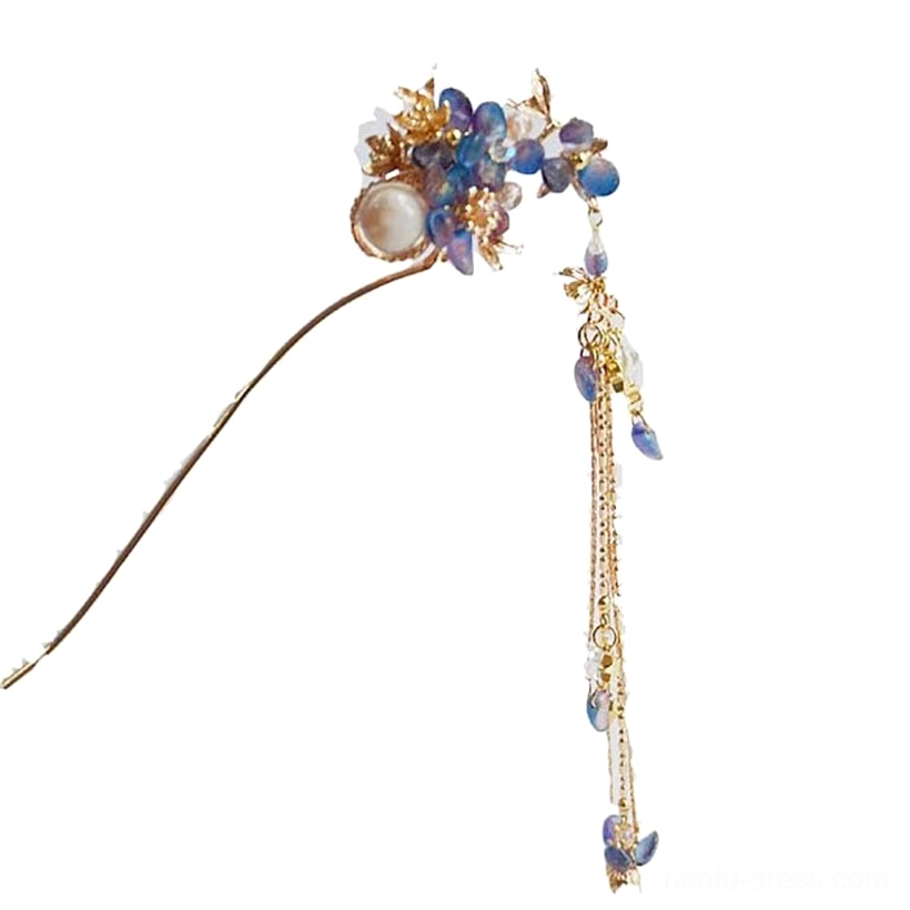 Gold tone Hanfu hair stick with blue purple floral crystals pearl-like accent and long chain tassel on white background
