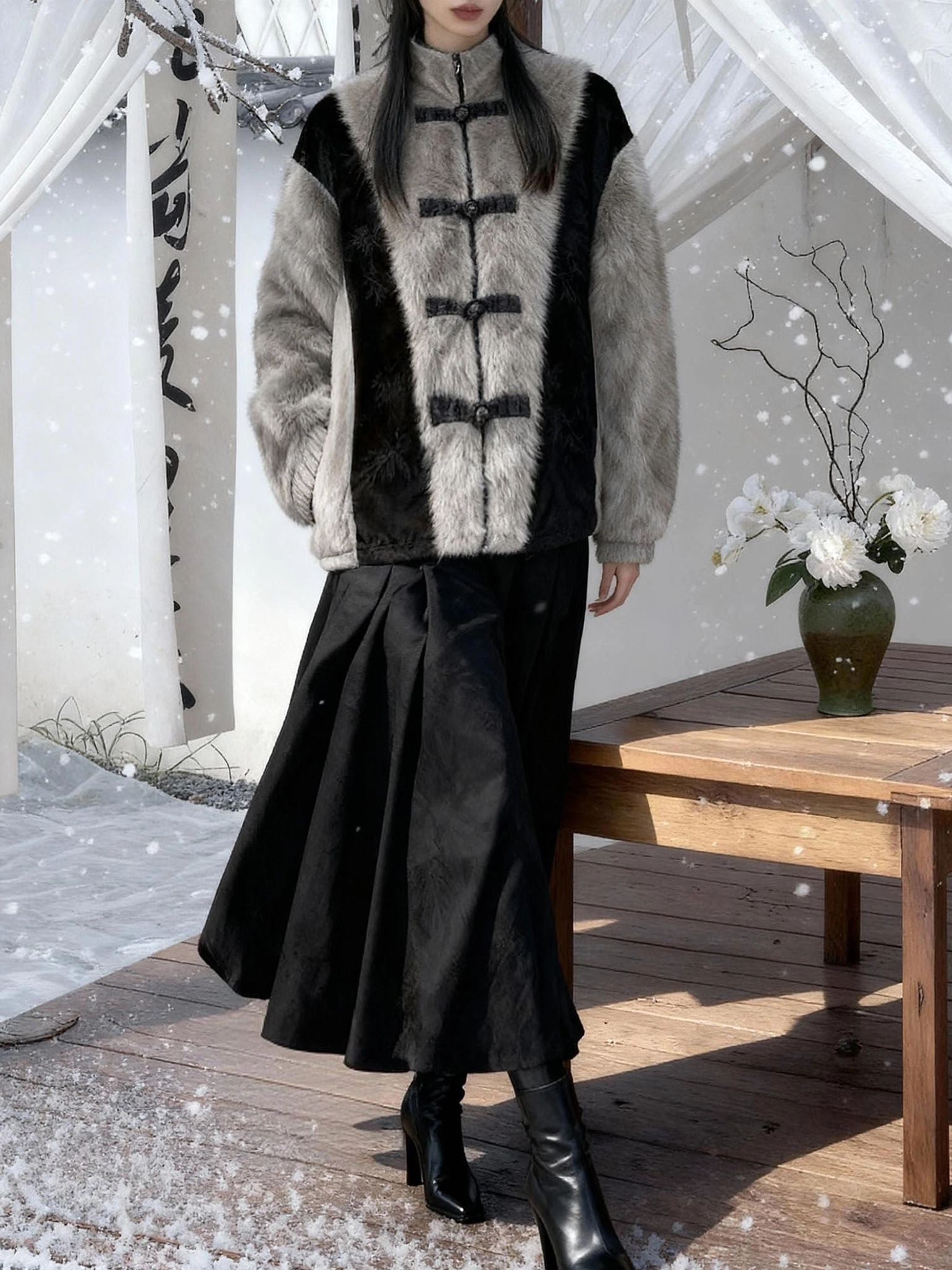 Front view of a Golden Bamboo Leaf faux rabbit fur modern hanfu jacket with grey fur stand collar, traditional frog buttons, black contrast panels, and a relaxed winter silhouette
