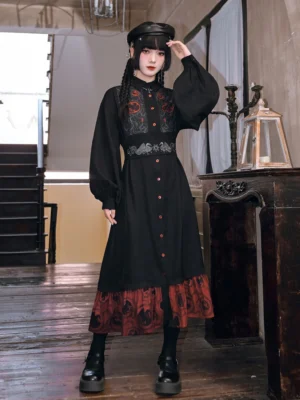 Full-body three-quarter view of a woman wearing the Golden Crow modern Hanfu embroidered shirt dress with black fabric, red printed hem, lantern sleeves, front buttons, and embroidered waist seal