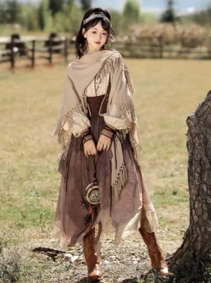 Three-quarter side view of a modern Hanfu outfit with embroidered cuffs, faded brown tie-dye suspender skirt, fringed shawl, vintage ethnic bag, wooden bracelets, and traditional-inspired headwear outdoors