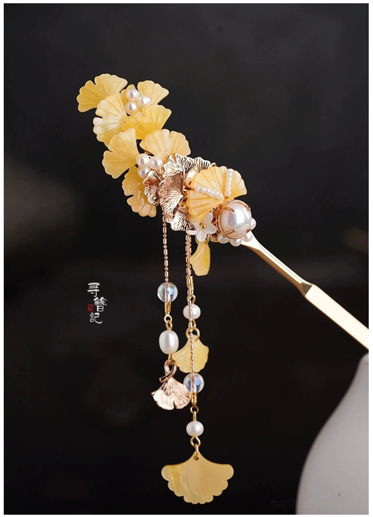 Golden ginkgo leaf tassel hairpin with rose gold tone metal, yellow resin leaves, faux pearls, and layered beaded pendants for Hanfu hairstyles