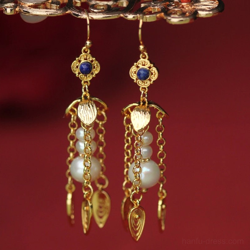 Matching pair of hook golden gourd Chinese earrings for Hanfu with filigree floral tops, white pearls, and cascading gold leaf tassels