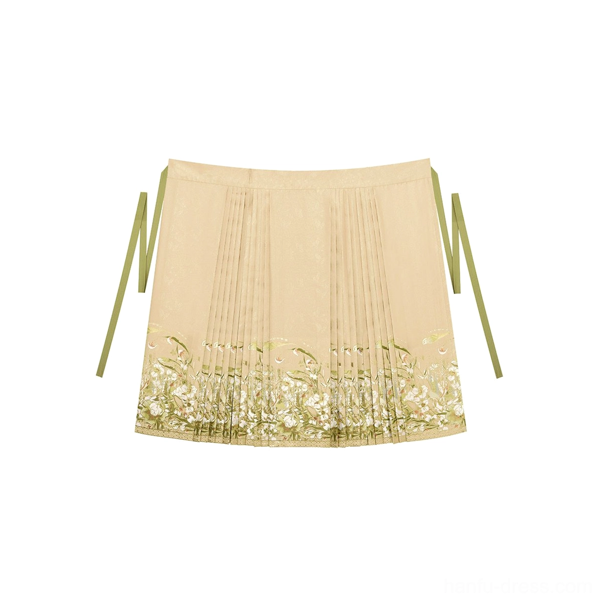 Flat lay of a golden pleated Hanfu mamianqun skirt with intricate floral embroidery along the hem and matching green side straps