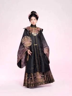 Front view of Golden Jade Feathers Ming Dynasty Hanfu with embroidered cloud collar, robe, and pleated mamian skirt
