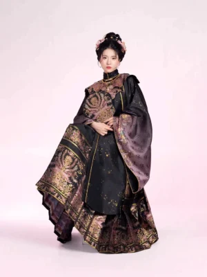 Golden Jade Feathers Ming Dynasty Hanfu set worn by model, featuring black robe and pink purple gold mamian skirt
