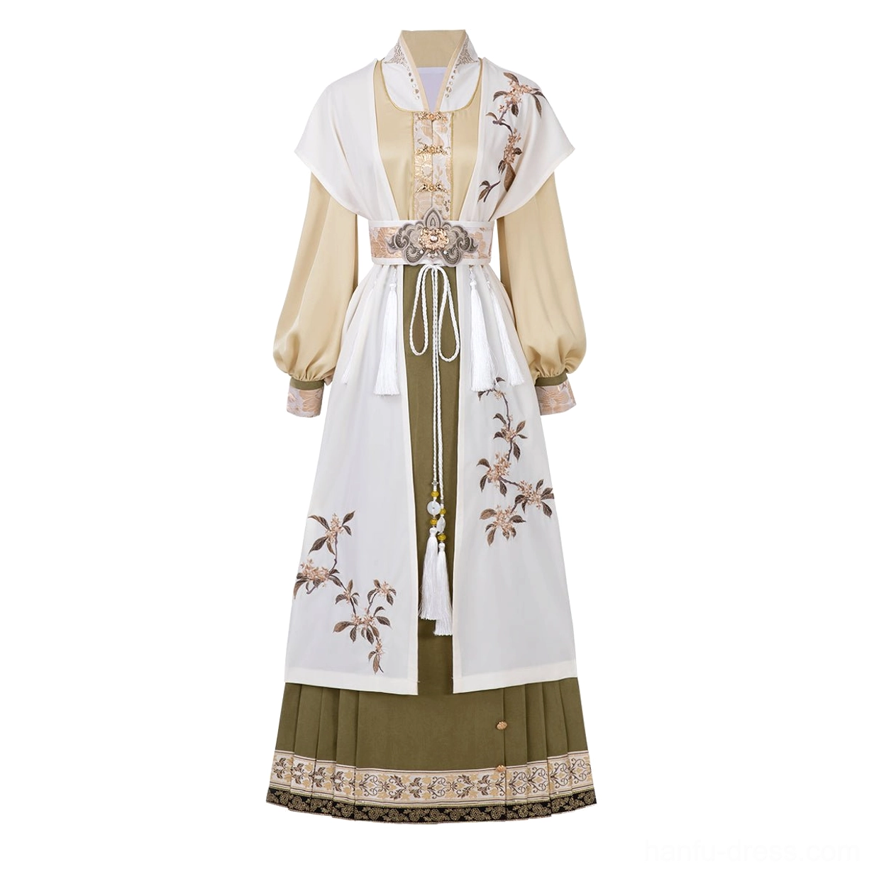 Complete golden osmanthus modern Ming Hanfu set on dress form with cream embroidered outer layer, mustard top and olive green mamianqun skirt