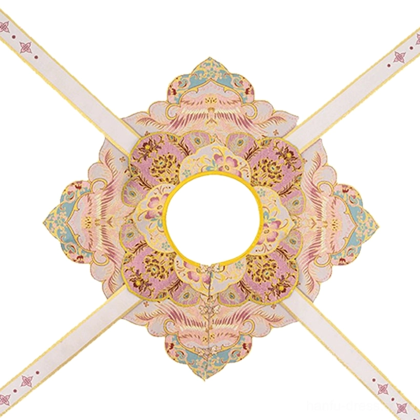 Embroidered Ming Dynasty hanfu cloud collar with golden peony feather motifs in pink blue and gold