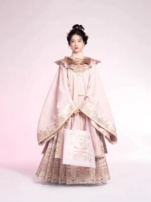 Golden Peony Feathers Ming Dynasty hanfu full set front view with dusty pink robe cloud collar and ivory mamian skirt