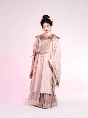 Dusty pink Ming Dynasty hanfu robe with embroidered cloud collar and golden peony feather details