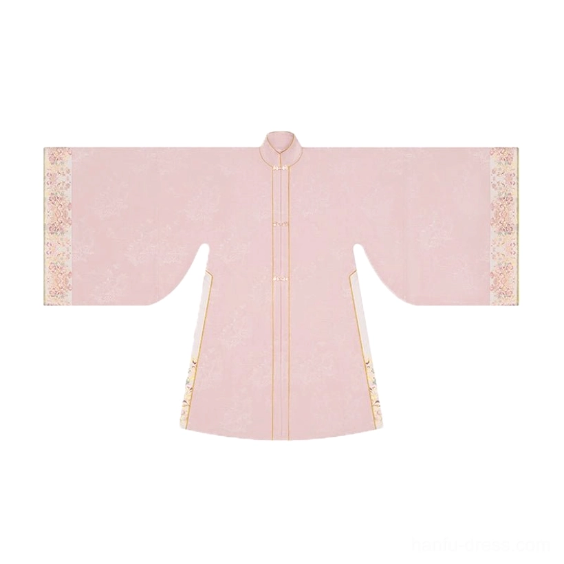 Dusty pink Ming Dynasty hanfu robe flat lay with standing collar frog buttons and gold embroidered borders